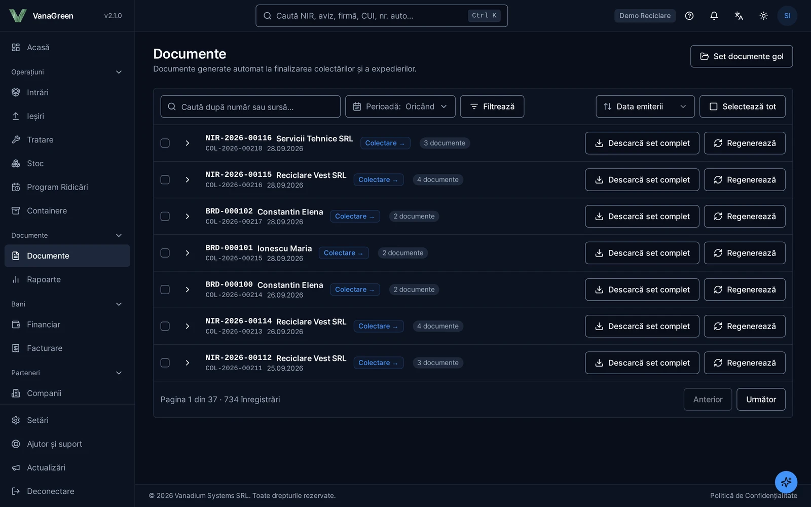 Documents generated automatically when intakes and dispatches are finalized, downloadable as a set