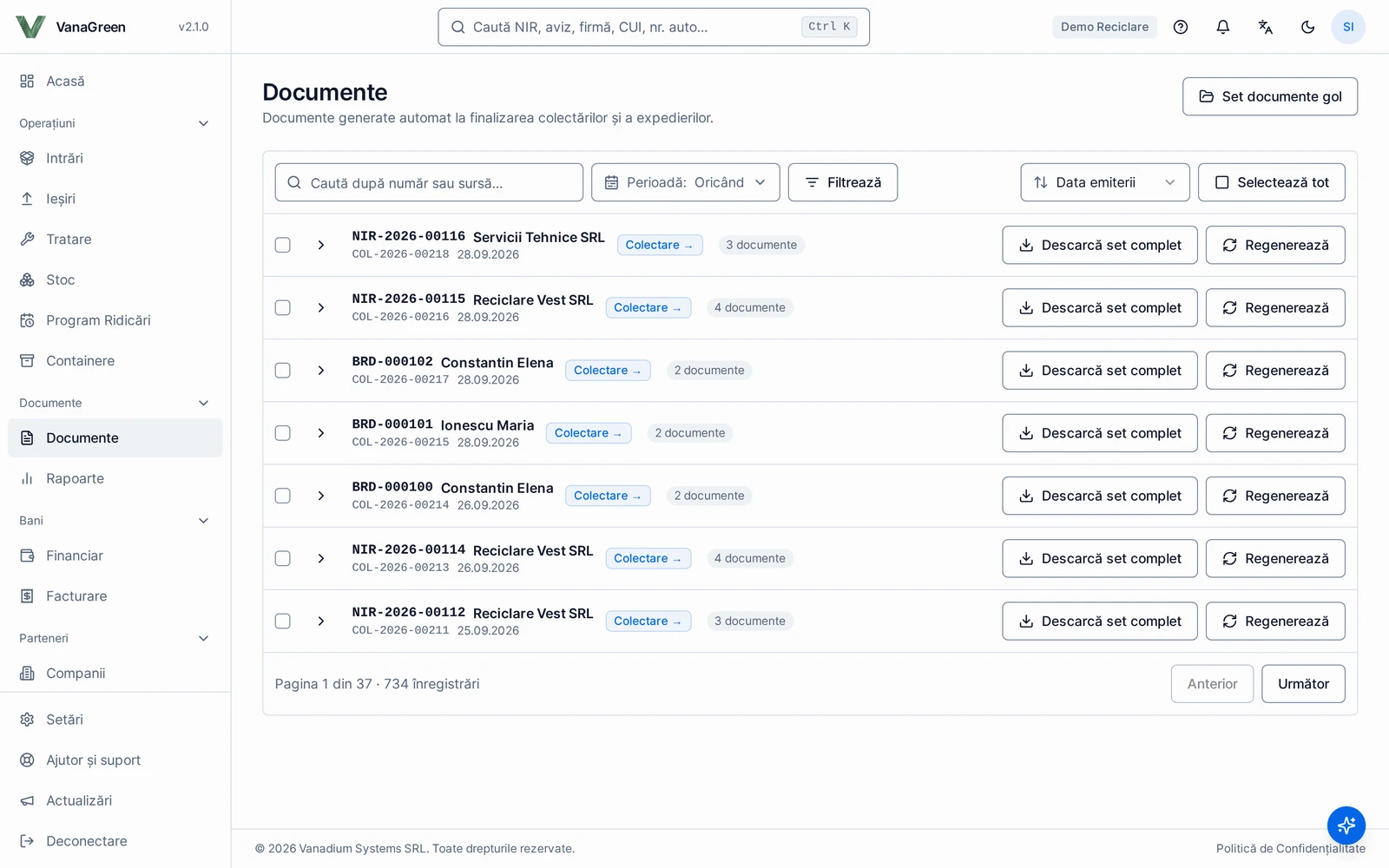 Documents generated automatically when intakes and dispatches are finalized, downloadable as a set