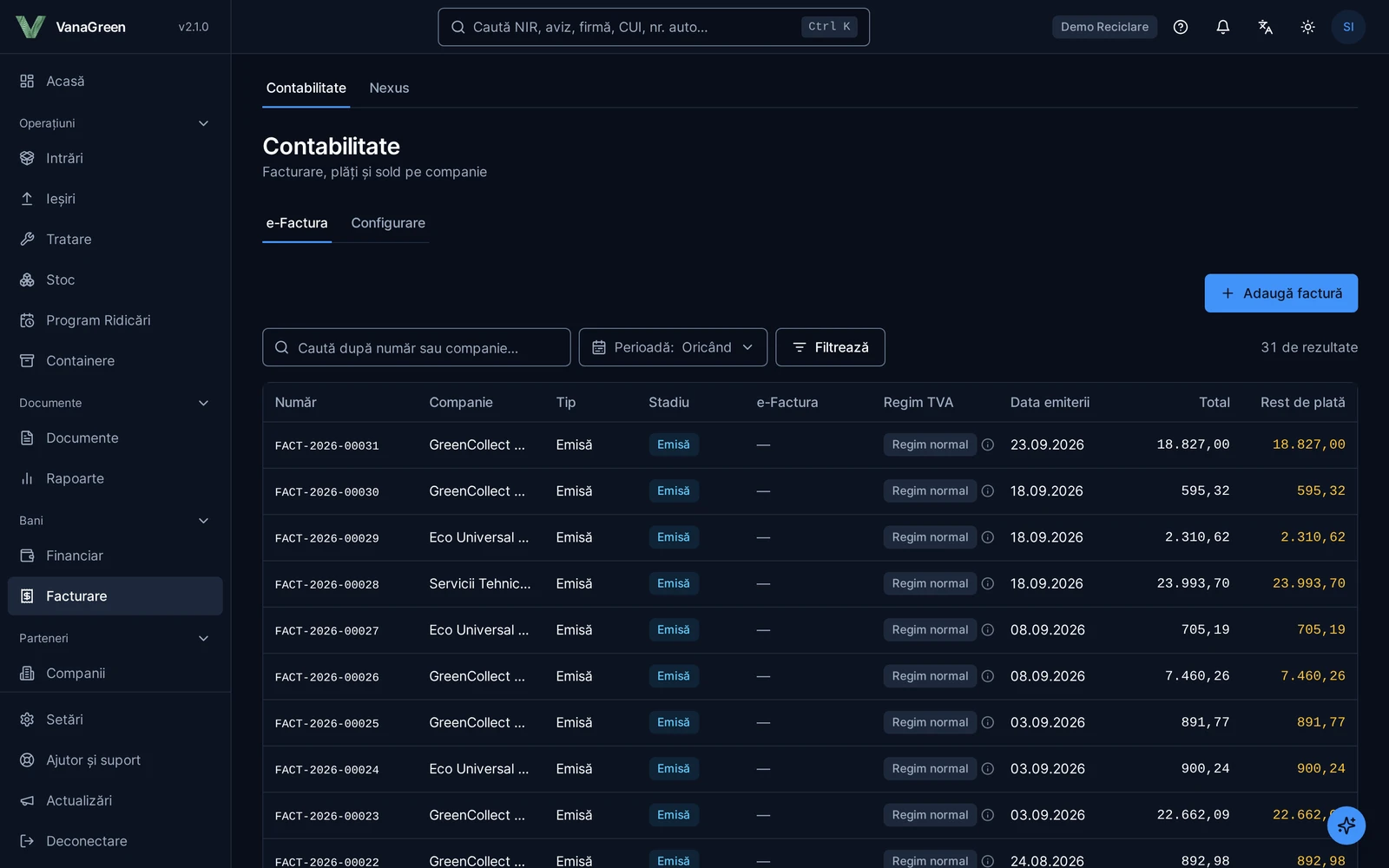 Invoicing: issued invoices with their e-Factura status and amount due
