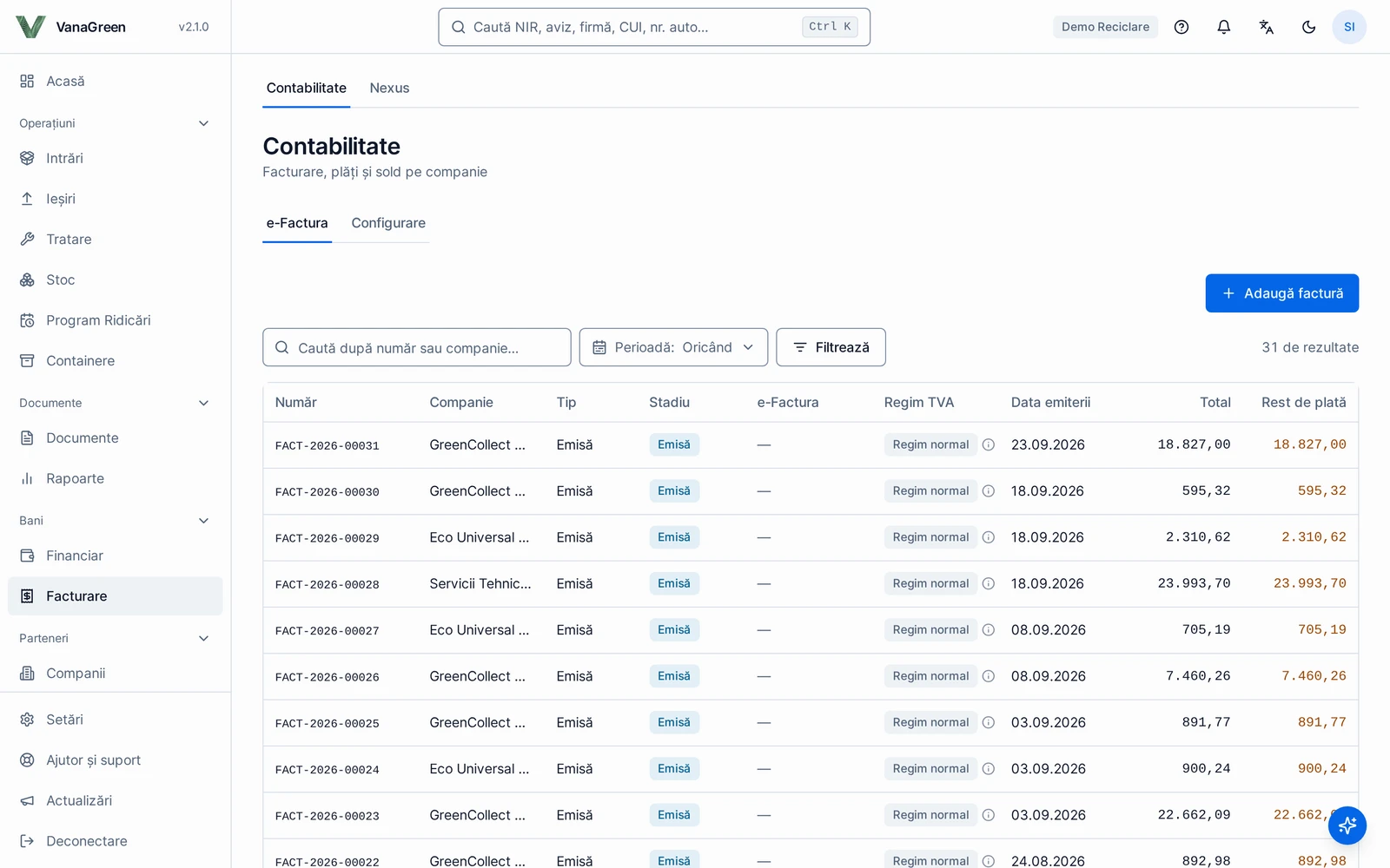 Invoicing: issued invoices with their e-Factura status and amount due