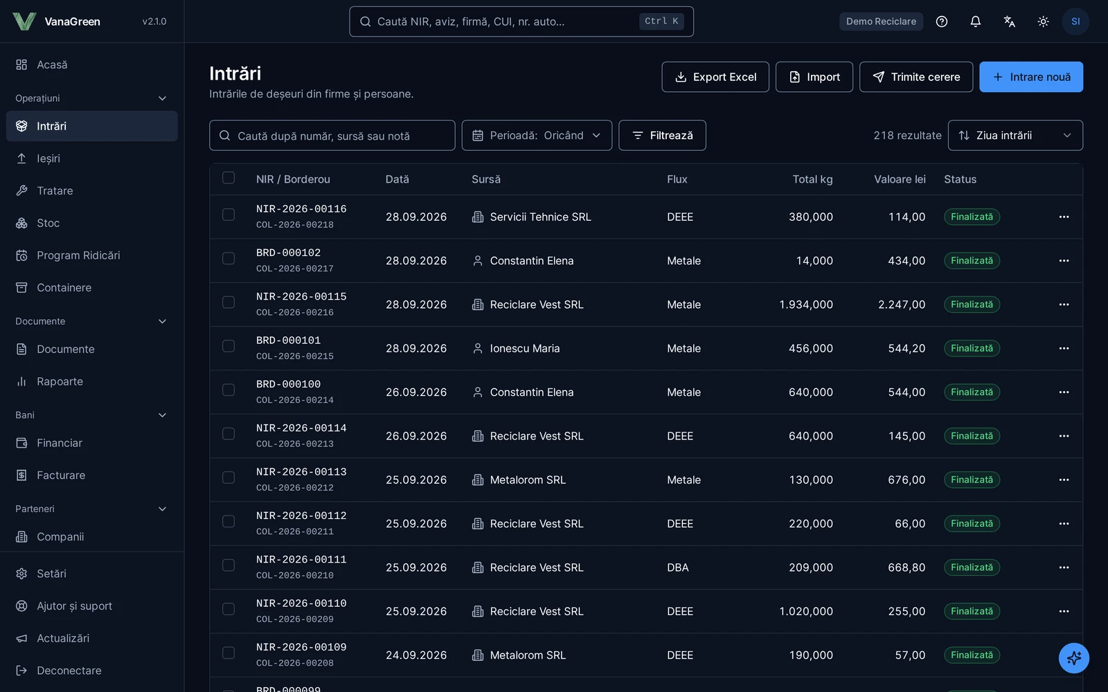Intake list: receipts and payment slips from companies and individuals, with flow and value