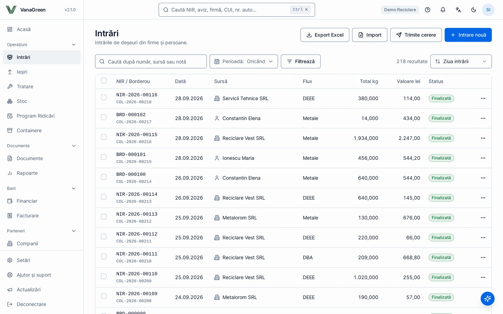Intake list: receipts and payment slips from companies and individuals, with flow and value