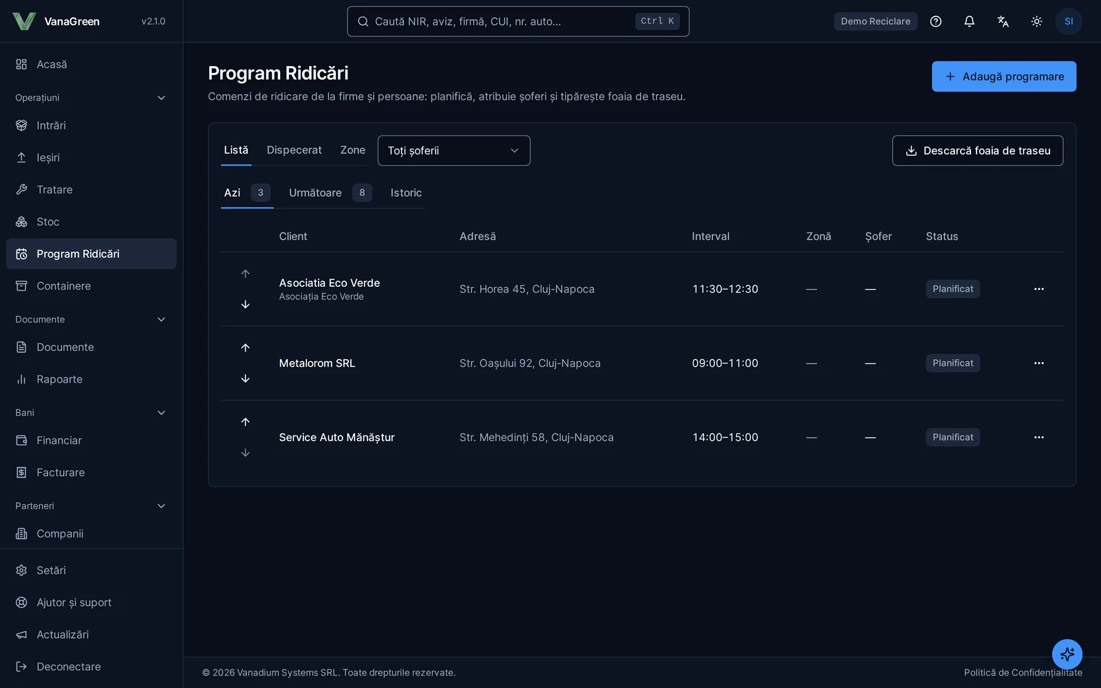 Pickup schedule: the day's requests, time window, driver and status