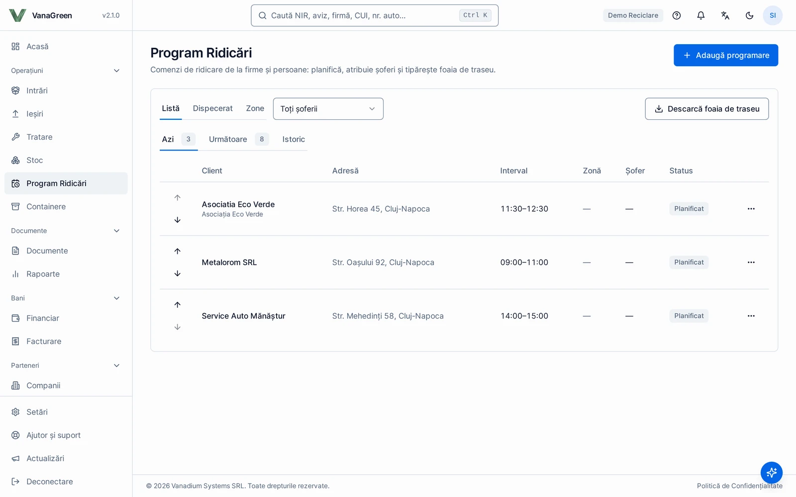 Pickup schedule: the day's requests, time window, driver and status